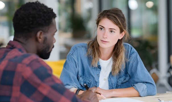 people sitting at a table comparing differences, one pointing at a paper while the other listens thoughtfully, diverse appearance, bright and modern indoor setting with natural lighting - Powered by Adobe