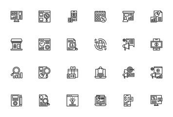 Digital Marketing icon set. Vector illustration. Incudes symbols for ads campagn, discount, mobile app, ata analytics, online shoping, payment, promotion an more. Editable stroke.
