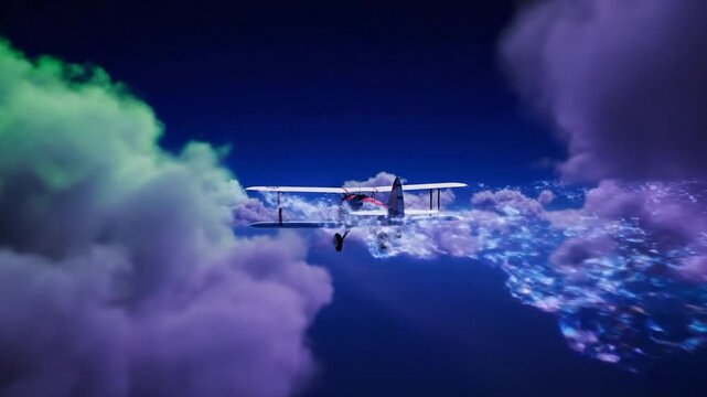 A vintage airplane soars through a vibrant sky, leaving a trail of shimmering light