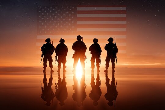 Silhouettes of soldiers in front of the American flag during sunset with their reflections on the ground.