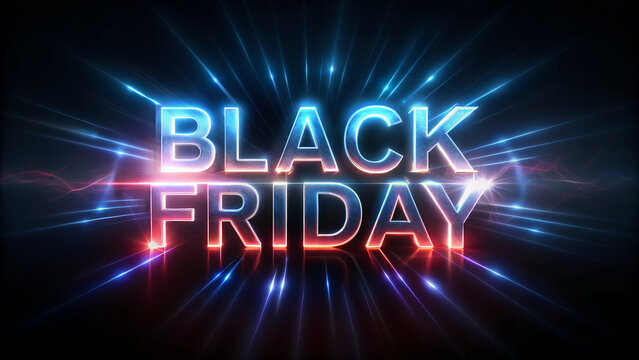 Black friday neon sale banner glowing typography with spark light effects on dark background for ecommerce