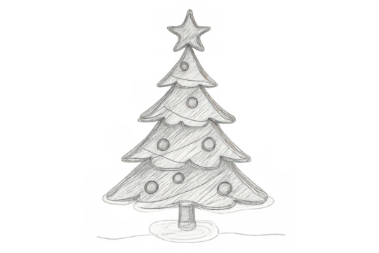 Christmas tree drawing with star decoration, festive holiday season sketch on transparent background