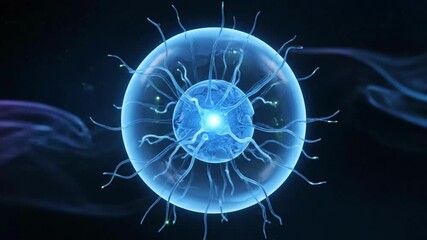 Animated neuron cell pulsing with energy in a dynamic scientific scene - Powered by Adobe