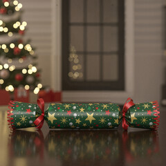 A colorful Christmas cracker placed on a table with a decorated tree in the background