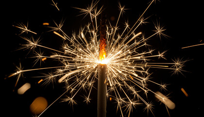 A close-up of a sparkling fireworks sparkler bursting with bright lights against a dark background
