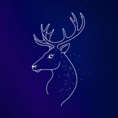 A minimalist line art representation of a deer head with a starry background
