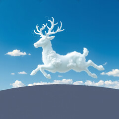 A fluffy cloud deer leaping across a bright blue sky dotted with clouds