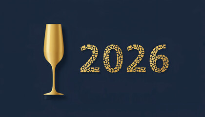 A golden champagne glass next to a textured number 2026 on a dark background