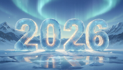 A glowing 2026 ice number against an aurora-lit snowy landscape