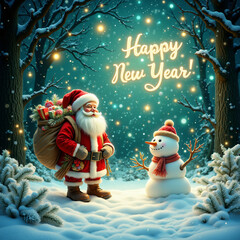 Santa Claus joyfully greeting a snowman with a Happy New Year message in a winter wonderland