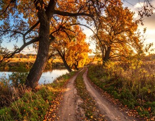 Dirt road curves through autumnal foliage beside a reflective river
