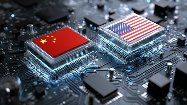 A close-up view of electronic chips with Chinese and American flags, highlighting technology and international competition.