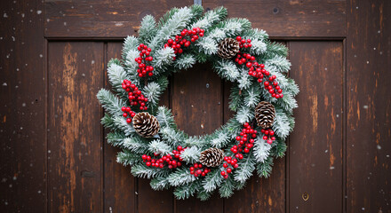 Beautiful Christmas wreath with pinecones and red berries on rustic wooden door, holiday decoration concept