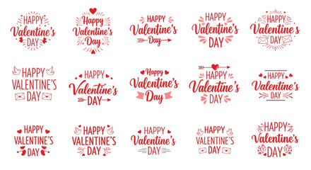A collection of 15 red Happy Valentine's Day typography designs, featuring hearts, arrows, and decorative elements on a white background, perfect for romantic celebrations.
