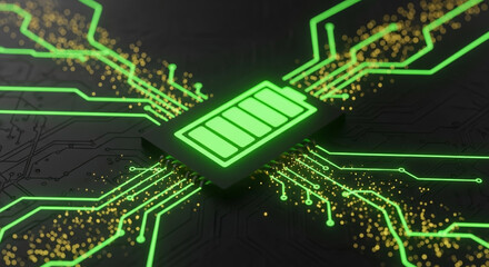 Green battery icon circuit renewable energy capacity glowing on dark circuit board conveying futuristic power and efficient storage with vibrant light and motion