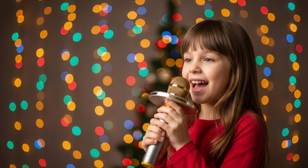Young girl singing carol family christmas holiday microphone festive lights smiling child