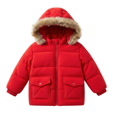 Red winter puffer jacket for a child with a furlined hood, isolated on transparent background