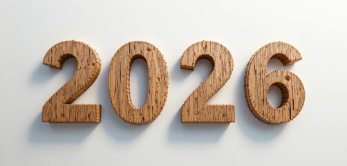 2026 3D render in distressed dark brown wood plank texture, isolated on a white background for sustainability, nature, and rustic New Year concepts.