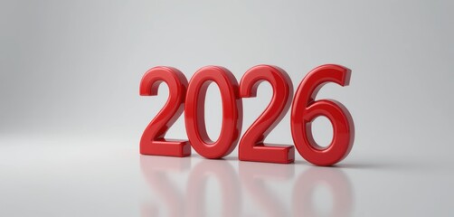 2026 3D render in smooth, glossy, bright red plastic texture, isolated on a white background, perfect for bold statements, parties, and emphasized New Year concepts.