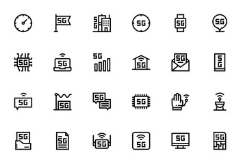 5G Technology Icon Set. Vector illustration. Include symbols for speed test, sart home, wifi, smartphone laptop, signal, processor location and more.