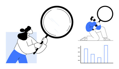 Two people using magnifying glass for detailed observation, paired with analytical bar chart. Ideal for research, exploration, analysis, investigation, business, data interpretation, problem solving