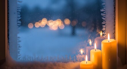 Winter window candles frost cozy scene christmas mood