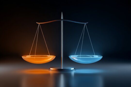 A scale with two pans in different colors symbolizing balance between two sides in legal or fair context.