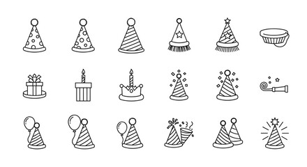 A collection of festive line icons representing party hats, birthday candles, gifts, balloons, and party blowers, perfect for celebrating special occasions like birthdays and holidays, designed for
