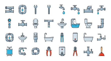 Collection of plumbing icons and symbols, including pipes, faucets, toilets, sinks, bathtubs, wrenches, and plumbing tools, presented as a vector cartoon illustration with editable stroke and a white