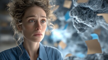 A woman with a concerned look is observing abstract and complex visual elements, indicating a state of deep thought and contemplation.