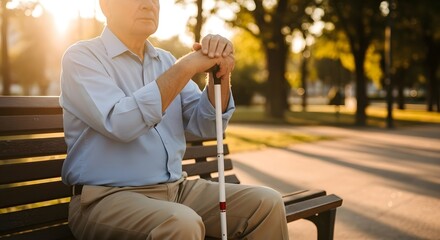 Senior man with cane sitting on bench in park outdoors