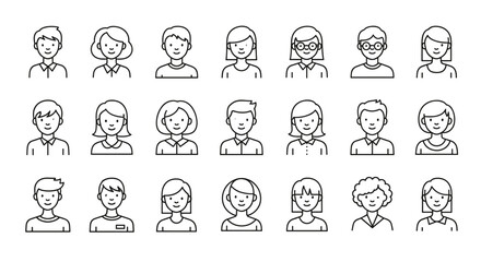 Collection of simple, linear outline avatars representing diverse male and female users, suitable for web, books, cards, and apps, with editable strokes and a cartoon illustration style.
