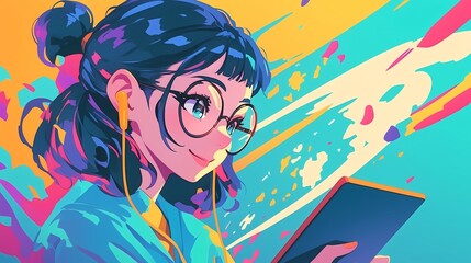 躍動感のある線画と配色による女性イラスト（エネルギー・ダイナミック・イラストレーション）