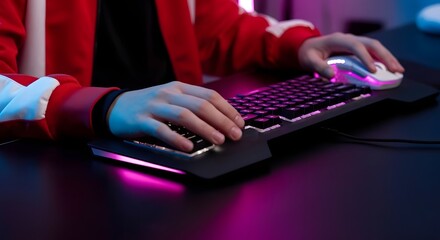Gamer using rgb keyboard and mouse for esports gaming
