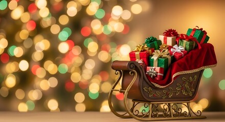 Christmas gifts in santa sleigh with bokeh background