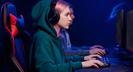 Female gamers esports team playing online video games