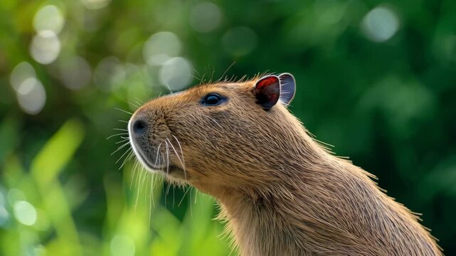 Close up of a capybara looking up with a green bokeh background