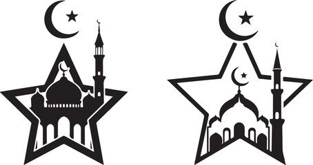 Black and White Islamic Mosque Star Crescent Symbol Vector Graphic