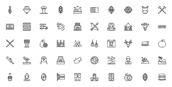 South Africa icon set. Vector illustration featuringsymbols like safari, baoba, protea, vuvuzela, aparthid museum, and more. Editale stroke design.