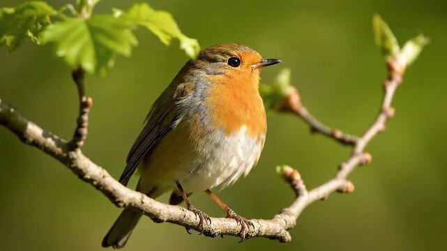 A european robin perched on a branch with budding leaves in a natural green background setting outdoors