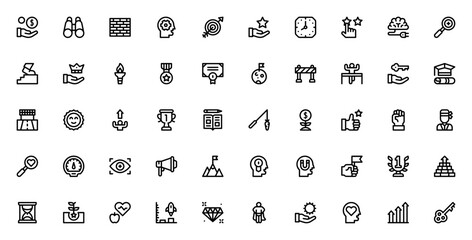 Motivation icon set. Vector illustration. Includes smbols for success, achieveent, goal, growth, trophy,win, brain, health, superhro and more. Editable stroe.