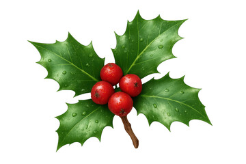 Holly leaves and red berries with water drops, a festive christmas season symbol on transparent background