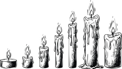 Set of burning candles of different sizes engraving art design
