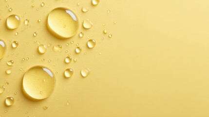 Close-up of transparent droplets scattered across a smooth, yellow surface