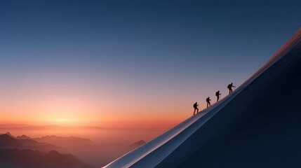 A group of climbers is seen ascending a steep mountain slope during sunset, showcasing their adventure and perseverance in the great outdoors.