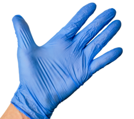 Hand in a blue medical glove with an open palm