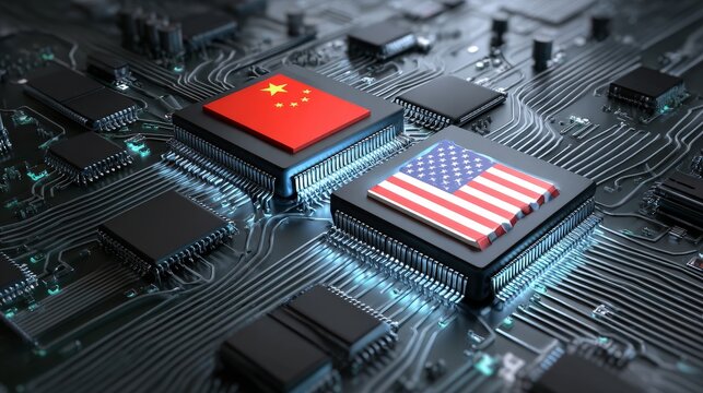 Microchips featuring Chinese and American flags on a circuit board, symbolizing tech rivalry and global semiconductor landscape.