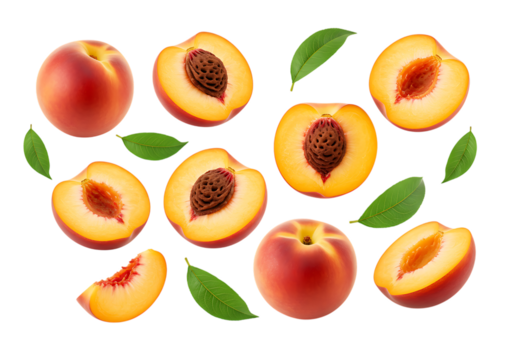 Ripe peaches and green leaves isolated on transparent background, top view