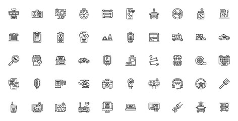 Taxi service icon set. Vector illustration featuringtaxi, driver license, GPS,payment, traffic signal, prking, route, safety belt nd more. Editable stroke.