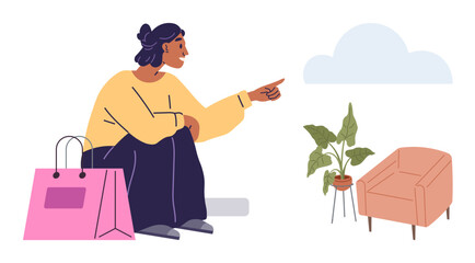 Woman seated with a bright shopping bag, gesturing towards a stylish armchair and potted plant under a cloud. Ideal for retail, interior design, shopping, lifestyle, leisure, home decoration